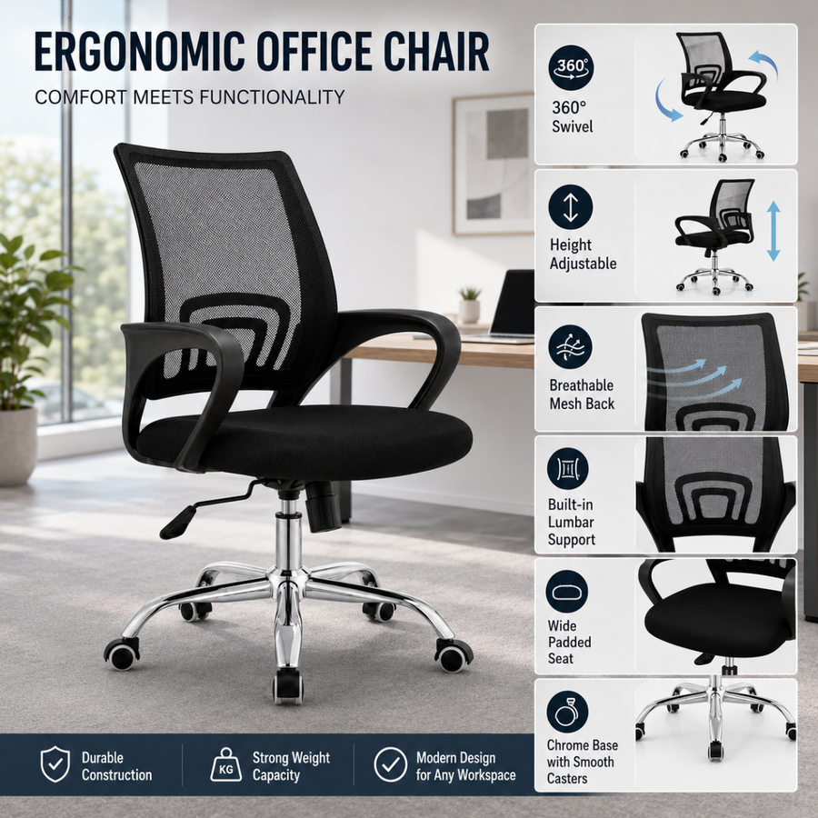Mesh Back, Padded Fabric Seat, Chrome Accents