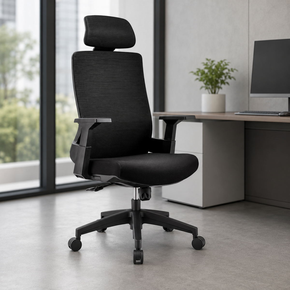 Wooden Twist ergonomic high-back office chair with headrest in a modern home office - lifestyle view