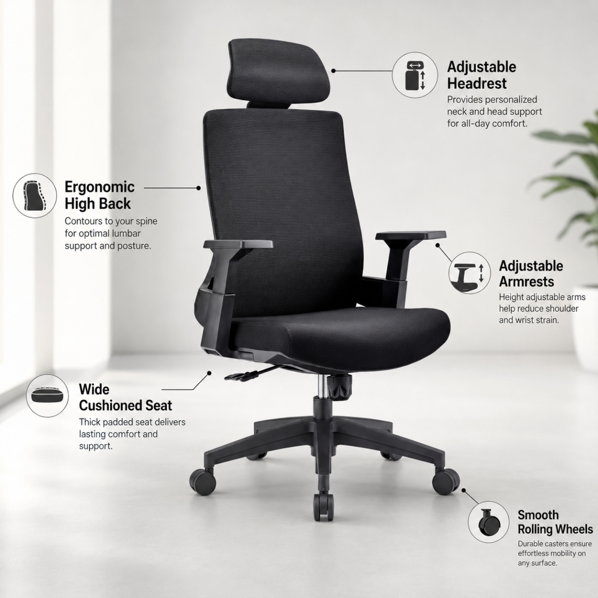 Wooden Twist Ergonomic High-Back Office Chair with Adjustable Headrest, Armrests, Wide Padded Seat & 360° Swivel Wheels (Black)