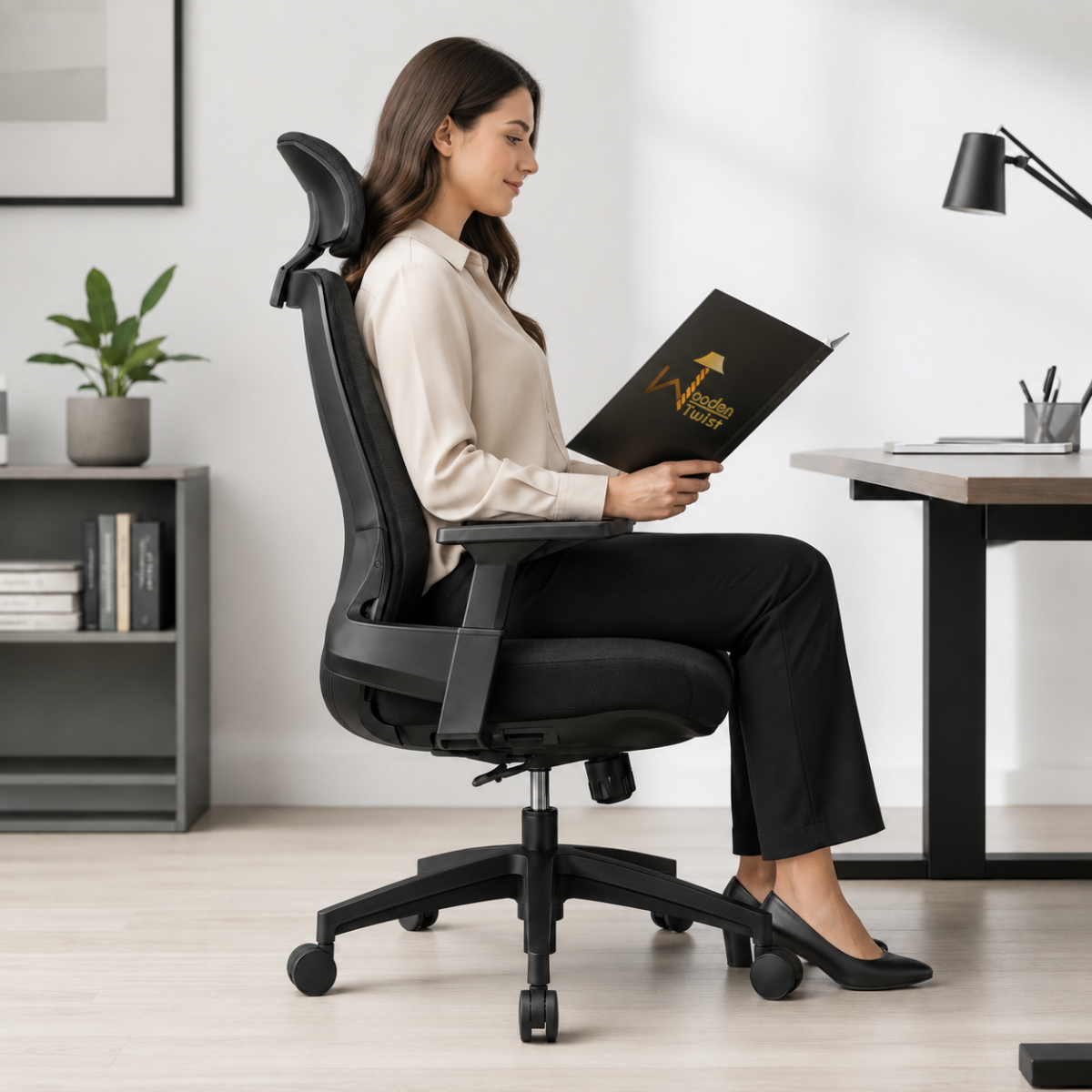 Woman sitting in Wooden Twist ergonomic high-back office chair with adjustable headrest, reading a document