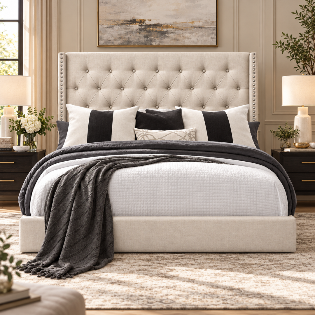 Wooden Twist Glory Wingback Button Tufted Bed Beige – Luxury Bedroom