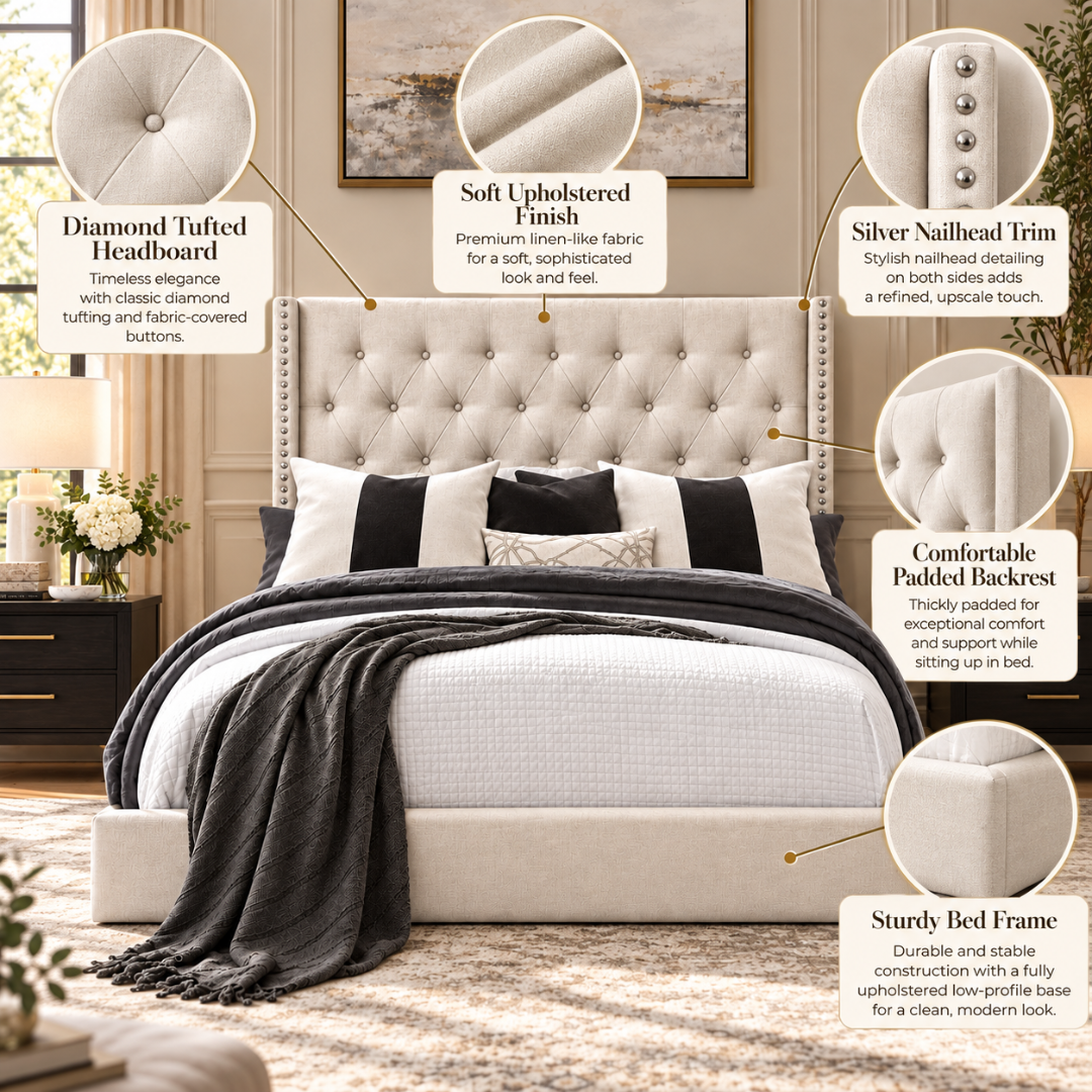 Wooden Twist Glory Wingback Button Tufted Bed Beige – Key Features