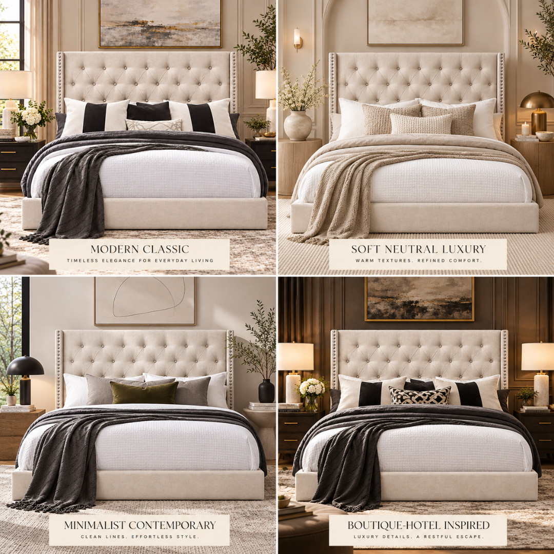 Wooden Twist Glory Wingback Button Tufted Bed Beige – Bedroom Styling Ideas