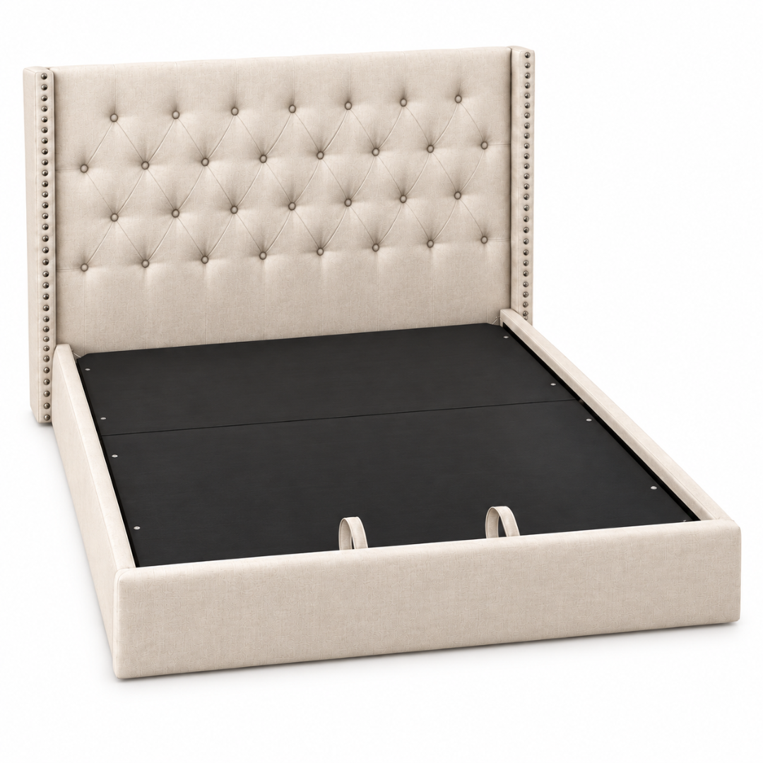 Wooden Twist Glory Wingback Button Tufted Bed Beige – Bed Frame Angle View