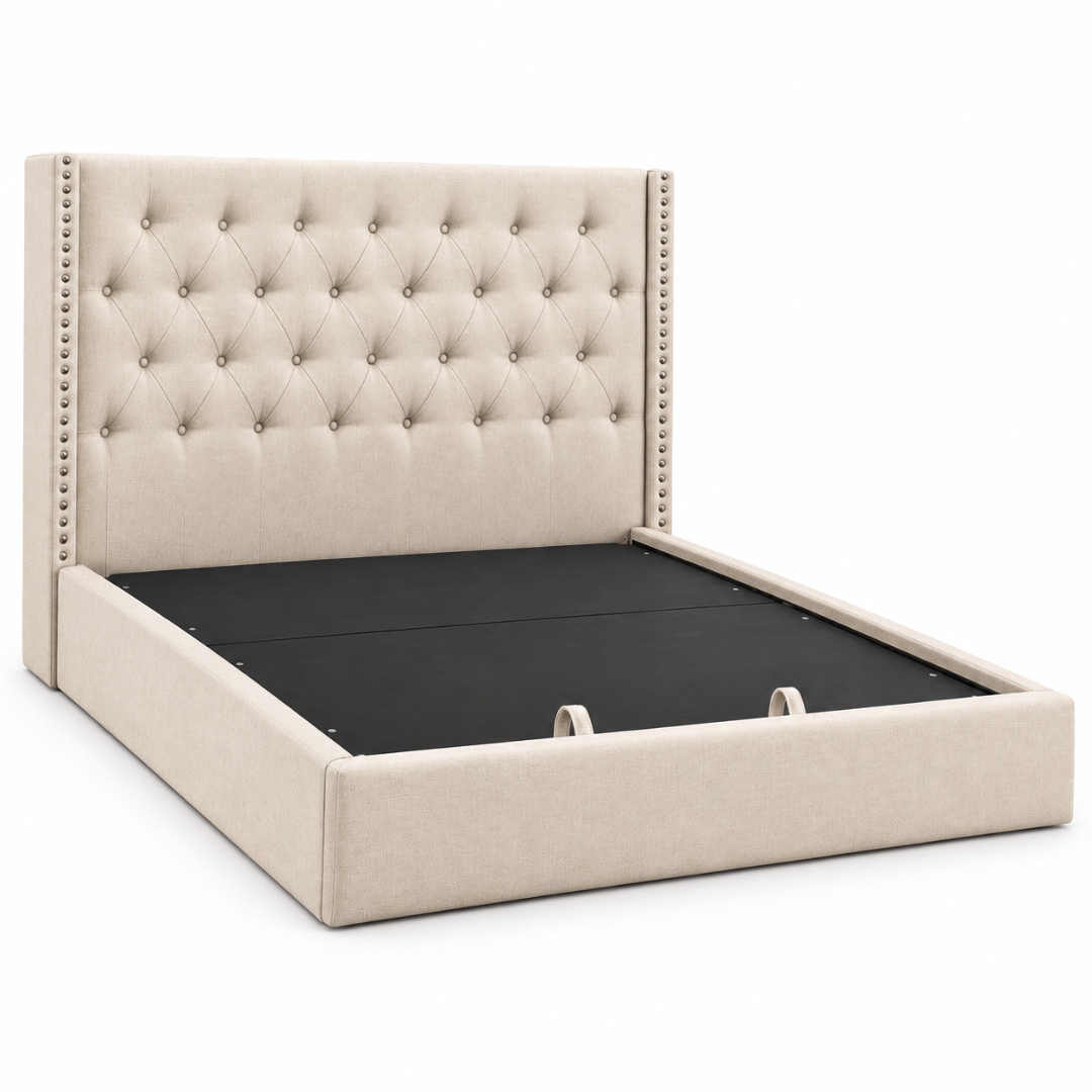 Wooden Twist Glory Wingback Button Tufted Bed Beige – Bed Frame Side Angle