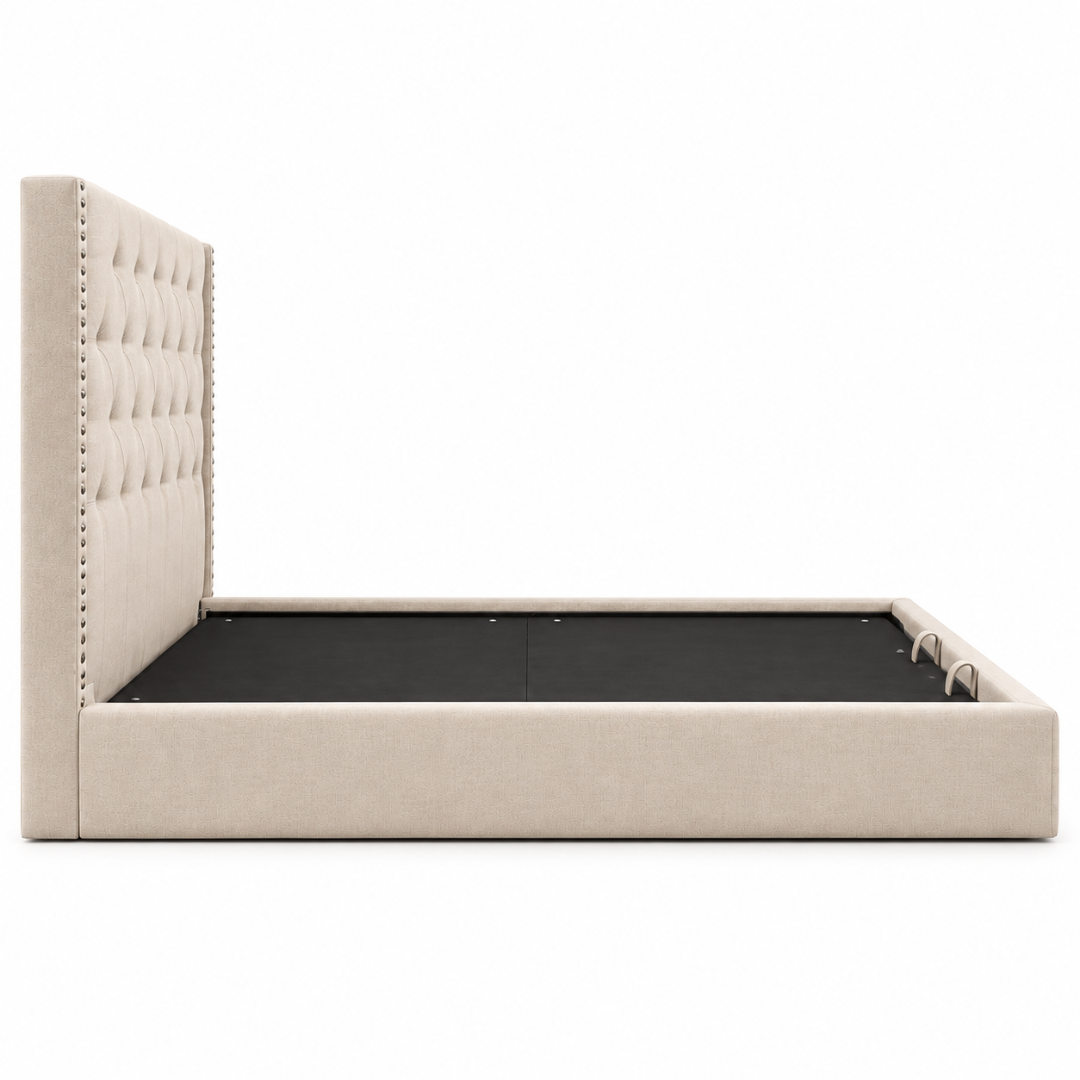 Wooden Twist Glory Wingback Button Tufted Bed Beige – Bed Frame Side View