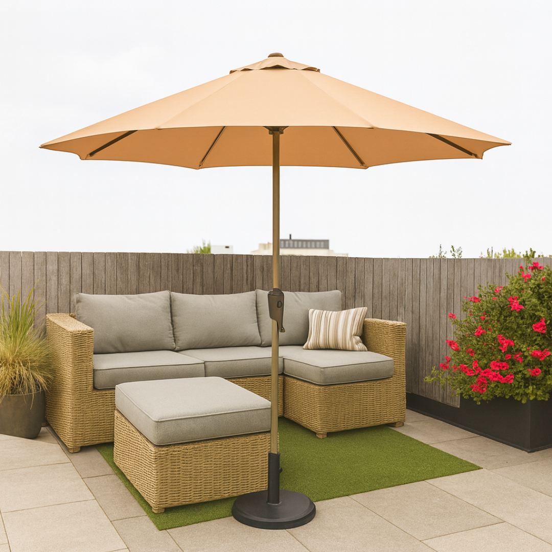 مظلة خارجية دائرية خشبية ملتوية بشريط فيلكرو مع مقبض دوار مقاومة للأشعة فوق البنفسجية للفناء والحديقة وخدمة صف السيارات