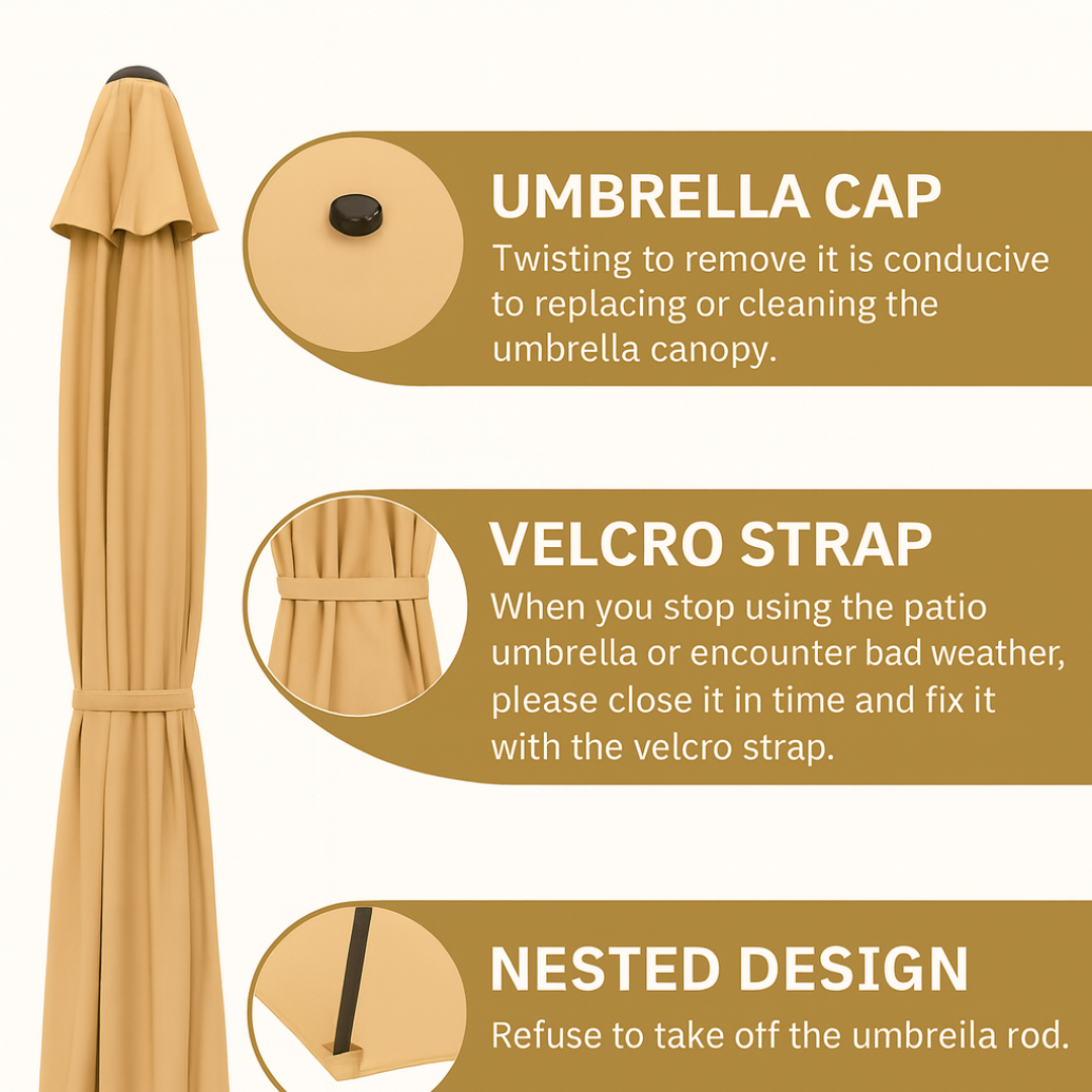 Wooden Twist Velcro Round Outdoor Umbrella with  Rotating Handle UV-Resistant Canopy for Patio & Garden Valet Parking