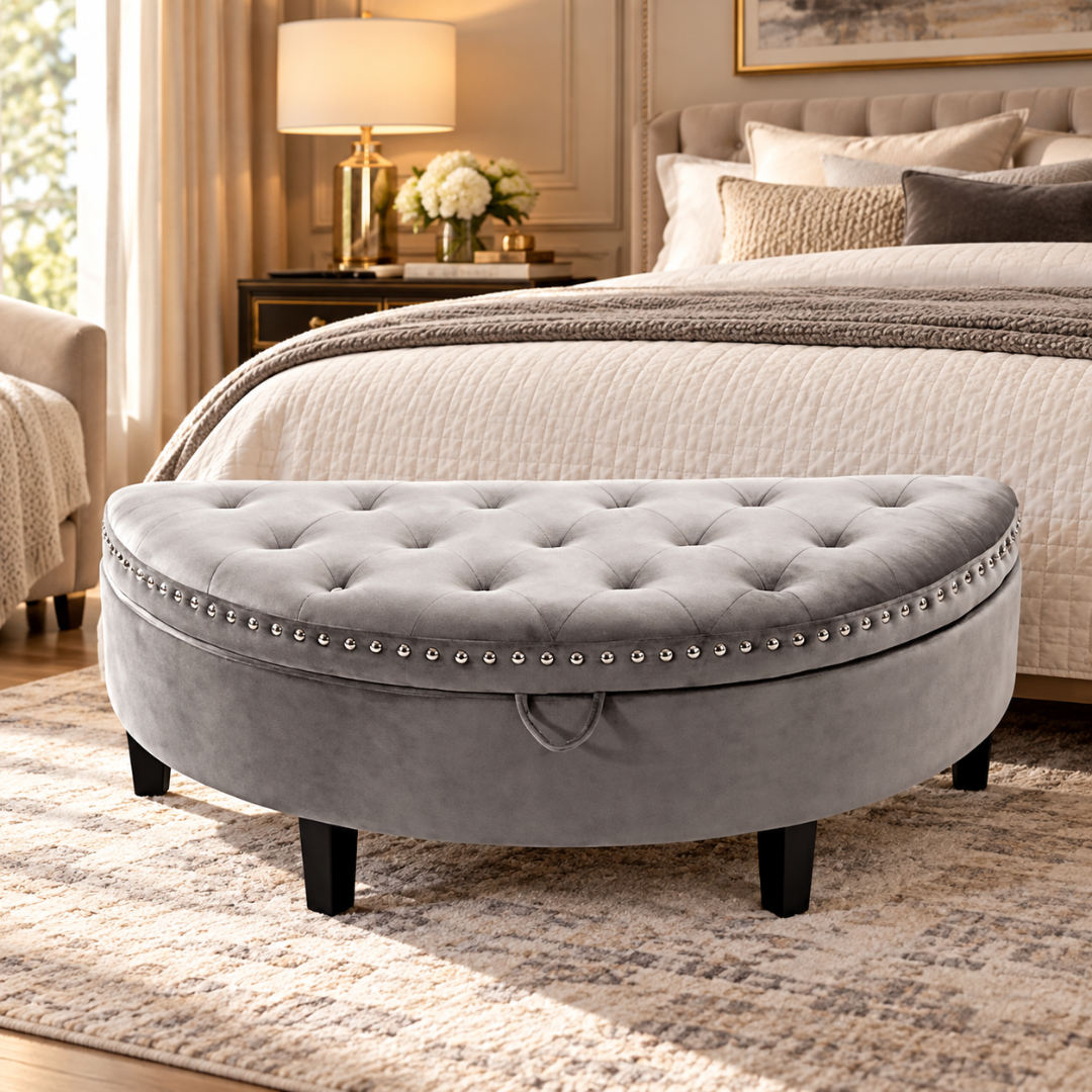 Wooden Twist Half Moon Leather Tufted Storage Bench Grey – at the foot of a bed in a bedroom