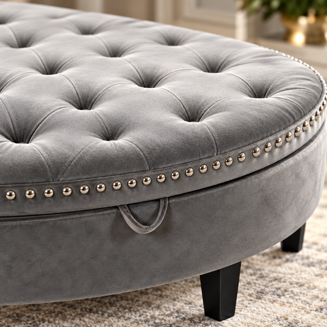 Wooden Twist Half Moon Leather Tufted Storage Bench Grey – close-up of tufting, nailhead trim and pull tab