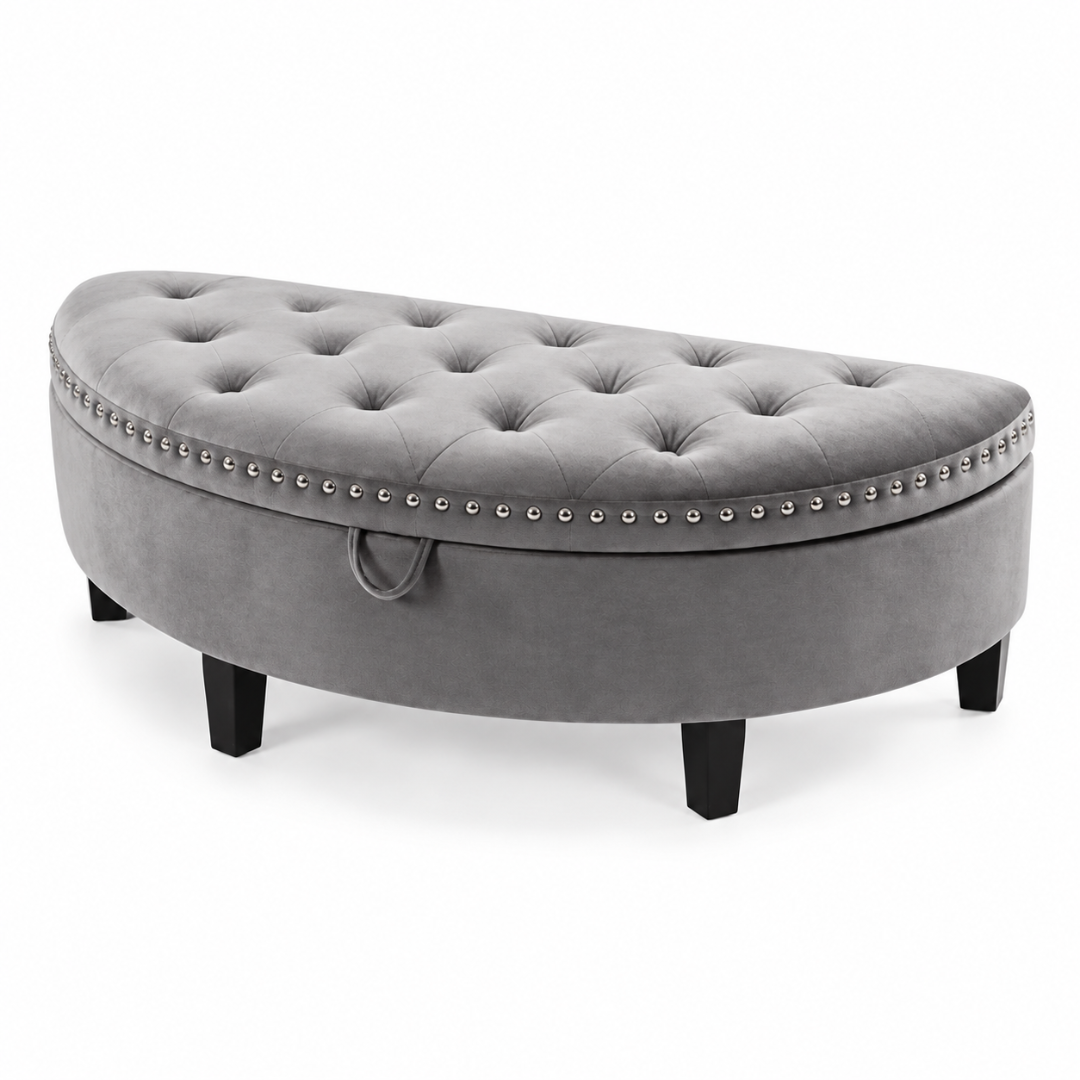 Wooden Twist Half Moon Leather Tufted Storage Bench Grey – angled view on white background
