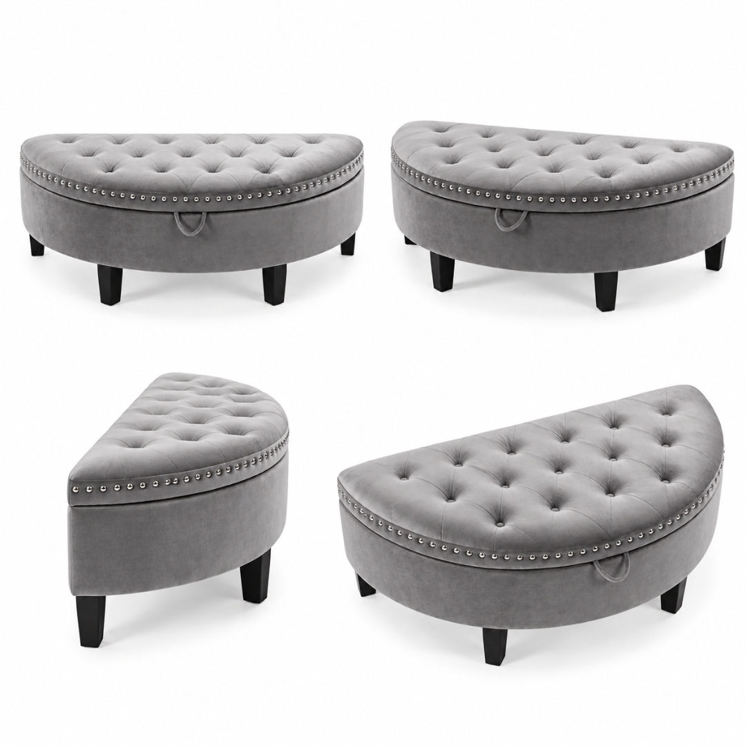 Wooden Twist Half Moon Leather Tufted Storage Bench Grey – front, top, side and angled views