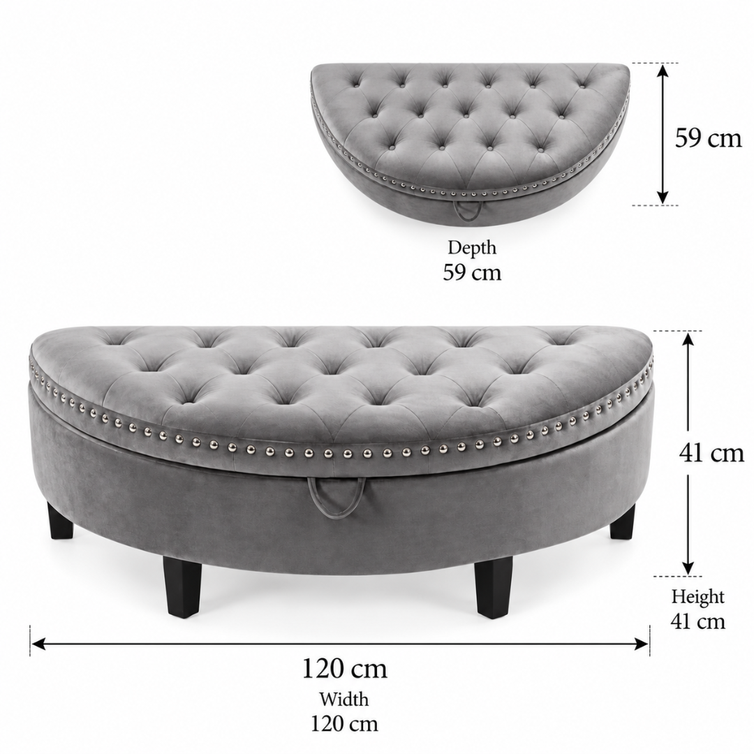 Wooden Twist Half Moon Leather Tufted Storage Bench Grey – dimensions 120 cm W x 59 cm D x 41 cm H