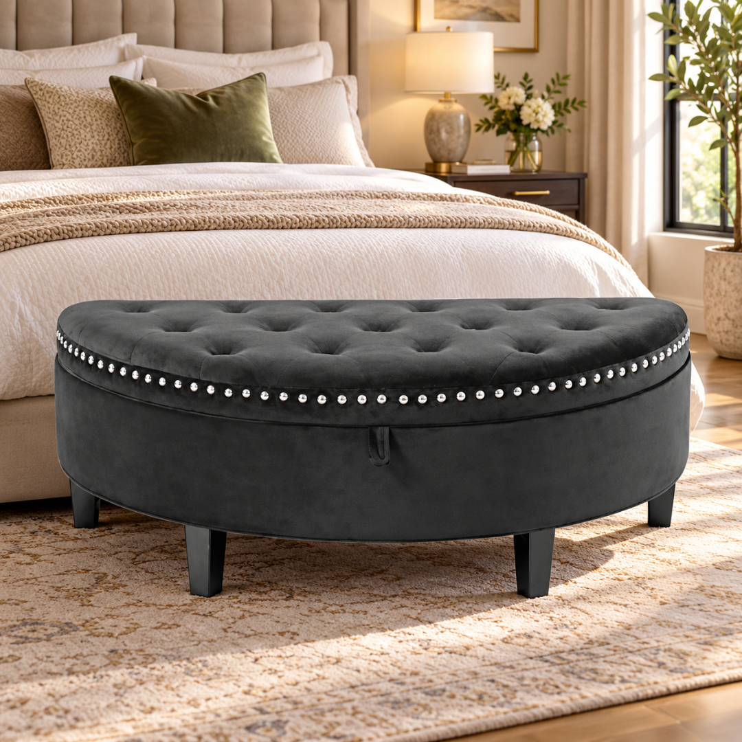 Wooden Twist Half Moon Leather Tufted Storage Bench Black – at the end of a bed in a bedroom