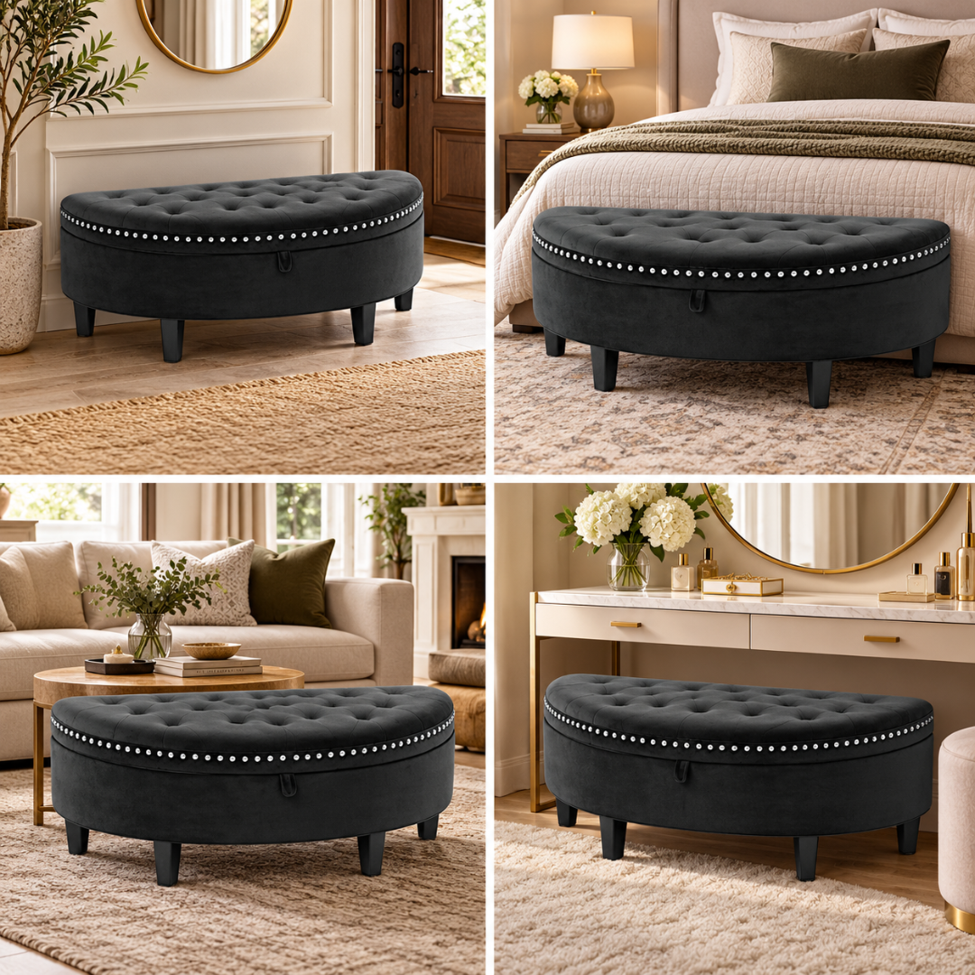 Wooden Twist Half Moon Leather Tufted Storage Bench Black – styled in hallway, bedroom, living room and dressing area