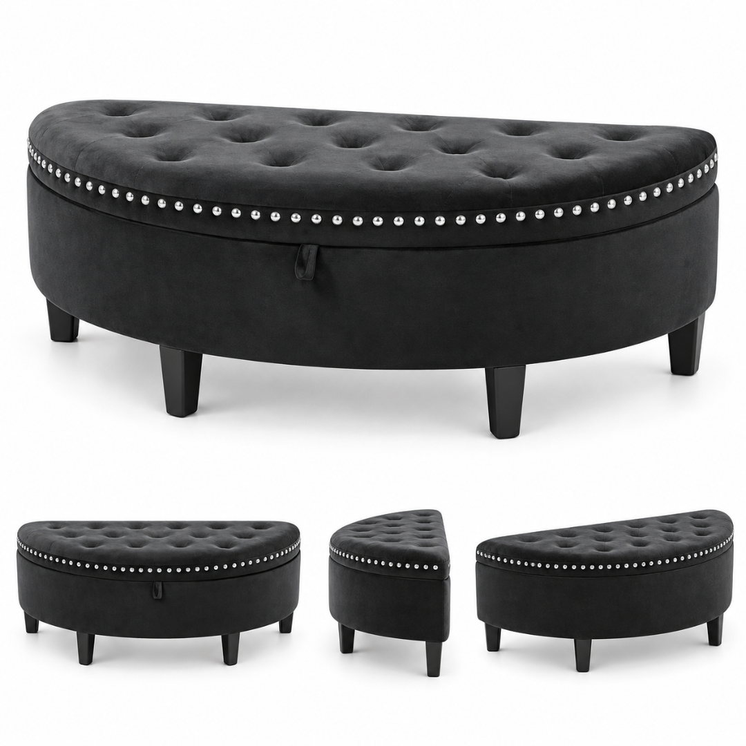 Wooden Twist Half Moon Leather Tufted Storage Bench Black – front, side and angled views