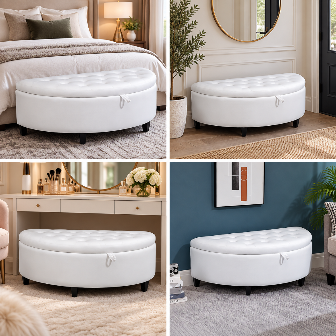 Wooden Twist Half Moon Leather Tufted Storage Bench White – styled in bedroom, entryway, dressing area and living room