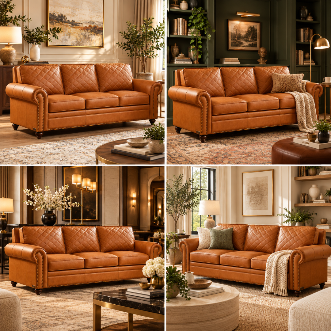 Wooden Twist Grace Quilted Brown 3 Seater Sofa – Room Setting Collage