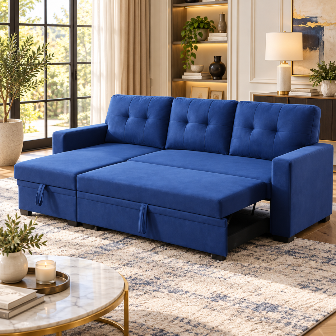 Wooden Twist L-Shape Sleeper Sofa Cum Bed with Storage Chaise Blue – Living Room with Sleeper Pulled Out