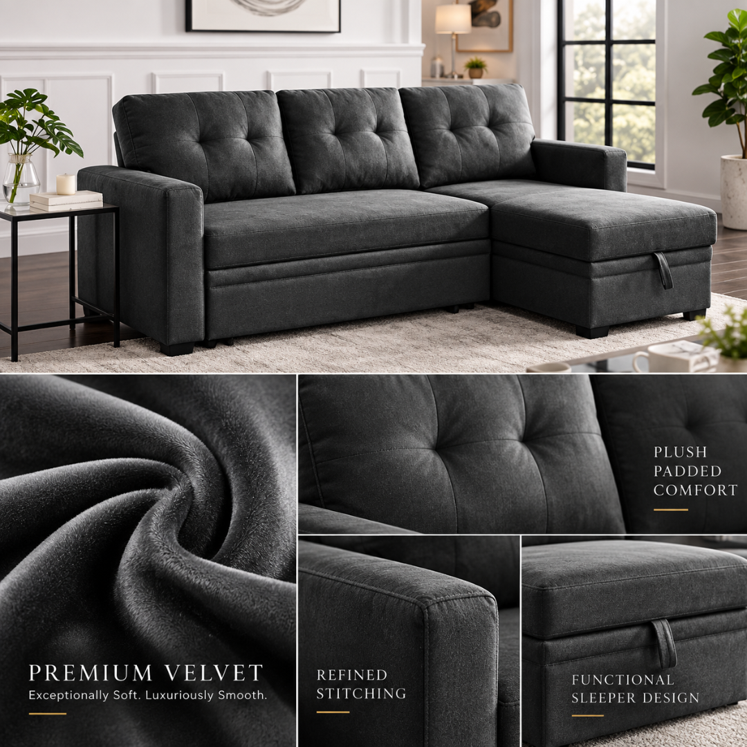 Wooden Twist L-Shape Sleeper Sofa Cum Bed with Storage Chaise Dark Gray – Premium Velvet and Tufting Details