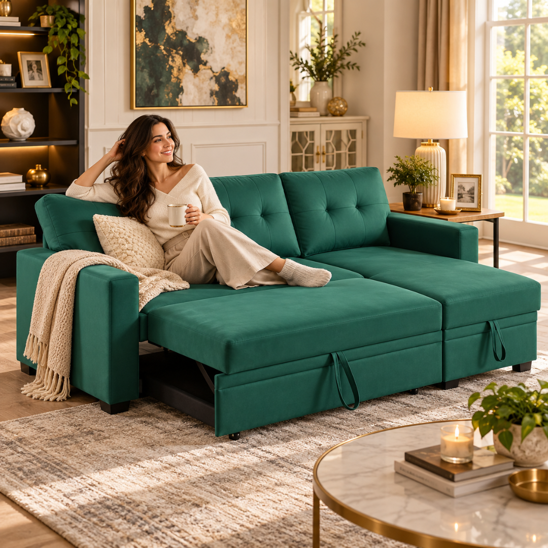 Wooden Twist L-Shape Sleeper Sofa Cum Bed with Storage Chaise Green – Woman Relaxing on Sleeper