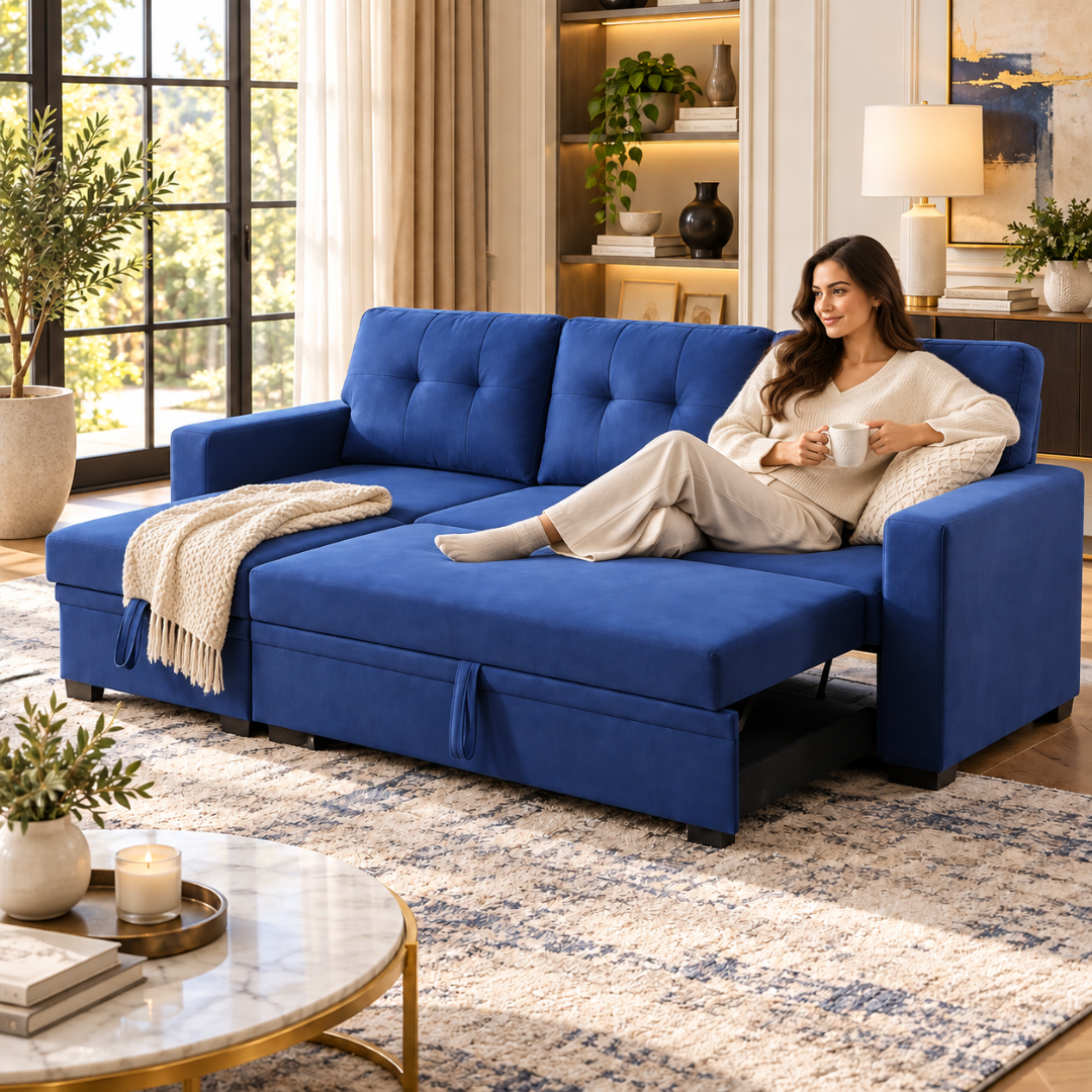 Wooden Twist L-Shape Sleeper Sofa Cum Bed with Storage Chaise Blue – Woman Relaxing with Sleeper Pulled Out