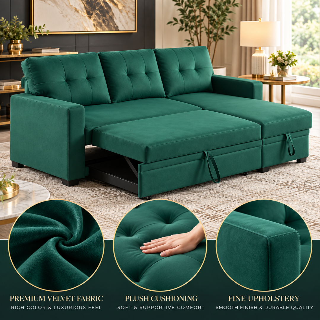 Wooden Twist L-Shape Sleeper Sofa Cum Bed with Storage Chaise Green – Velvet Fabric and Cushioning Close-Ups