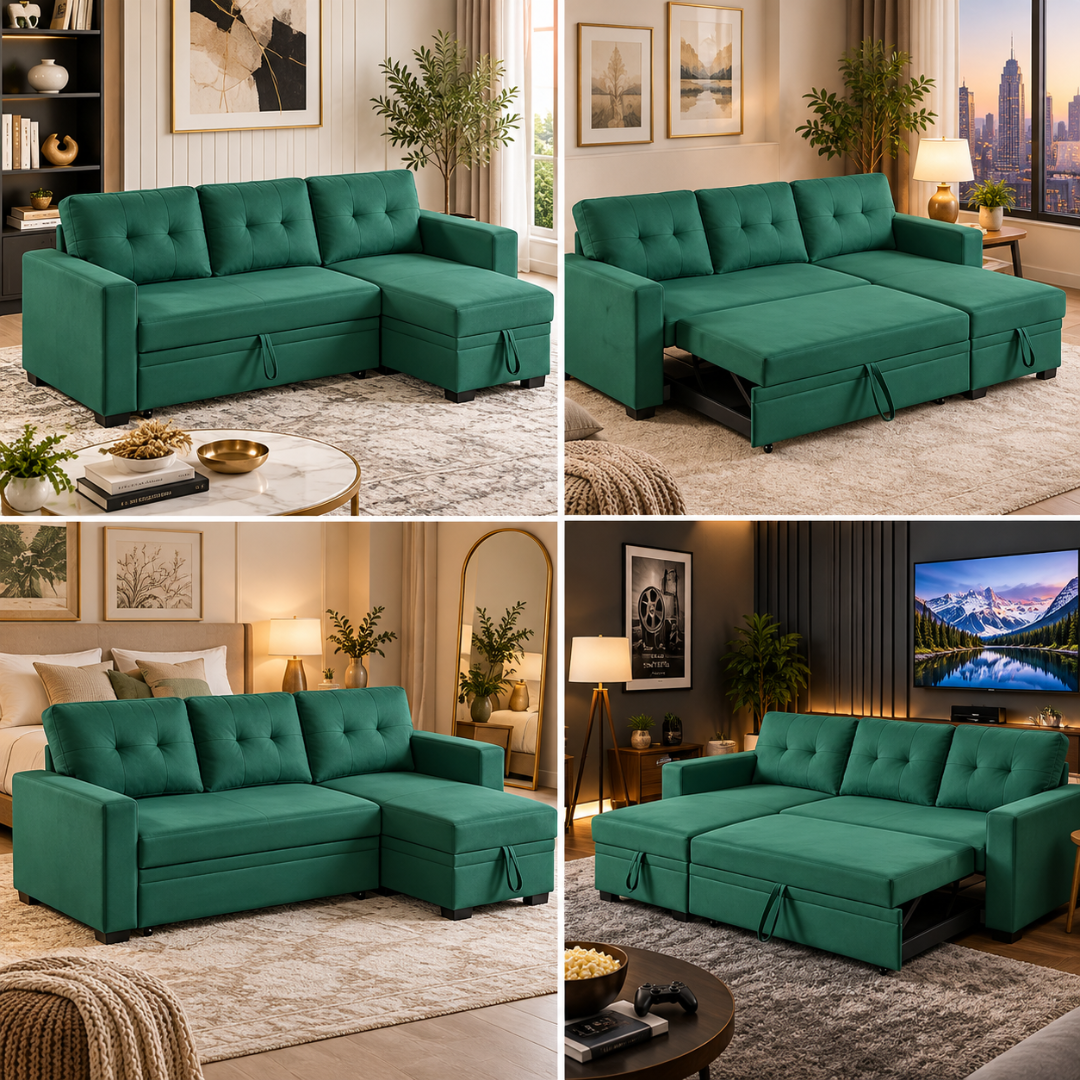 Wooden Twist L-Shape Sleeper Sofa Cum Bed with Storage Chaise Green – Room Setting Collage