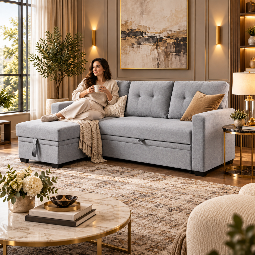 Wooden Twist L-Shape Sleeper Sofa Cum Bed with Storage Chaise Light Gray – Woman Relaxing on Chaise