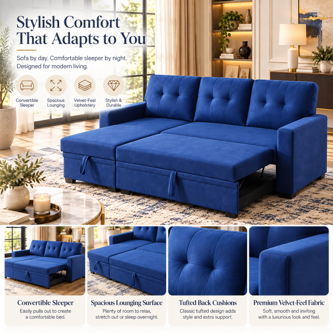 Wooden Twist L-Shape Sleeper Sofa Cum Bed with Storage Chaise Blue – Stylish Comfort Features Infographic