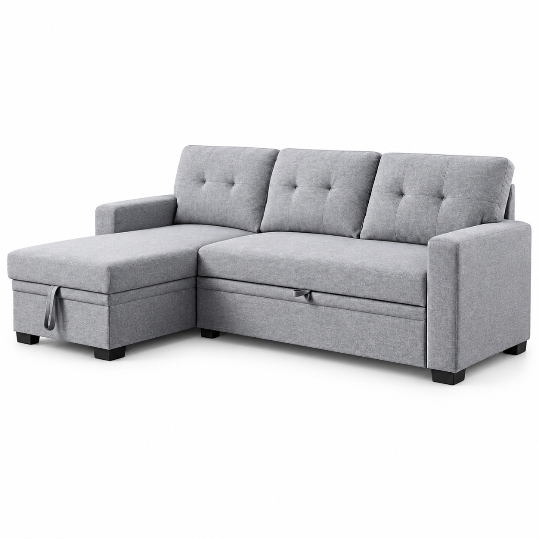 Wooden Twist L-Shape Sleeper Sofa Cum Bed with Storage Chaise Light Gray – Angle View