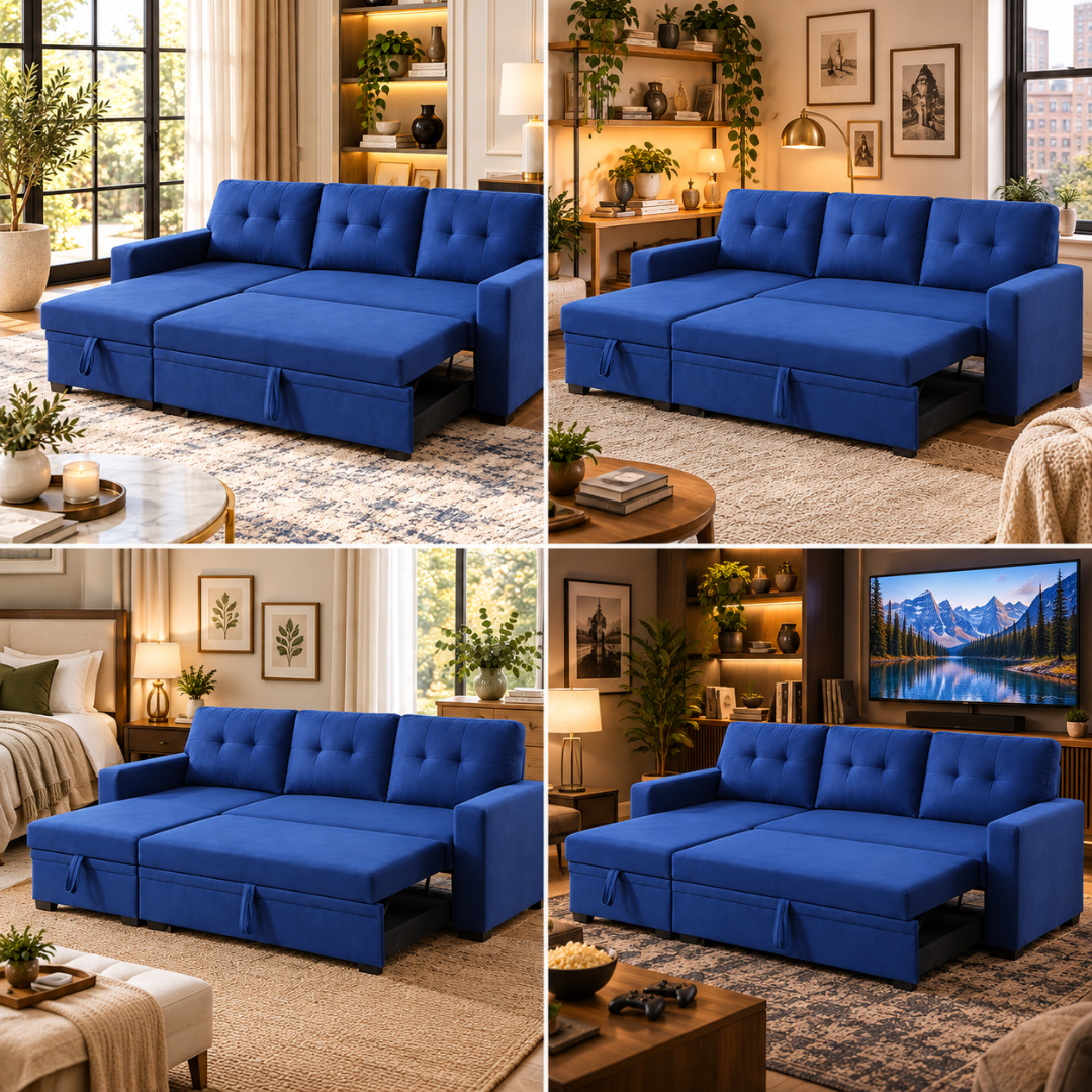 Wooden Twist L-Shape Sleeper Sofa Cum Bed with Storage Chaise Blue – Room Setting Collage