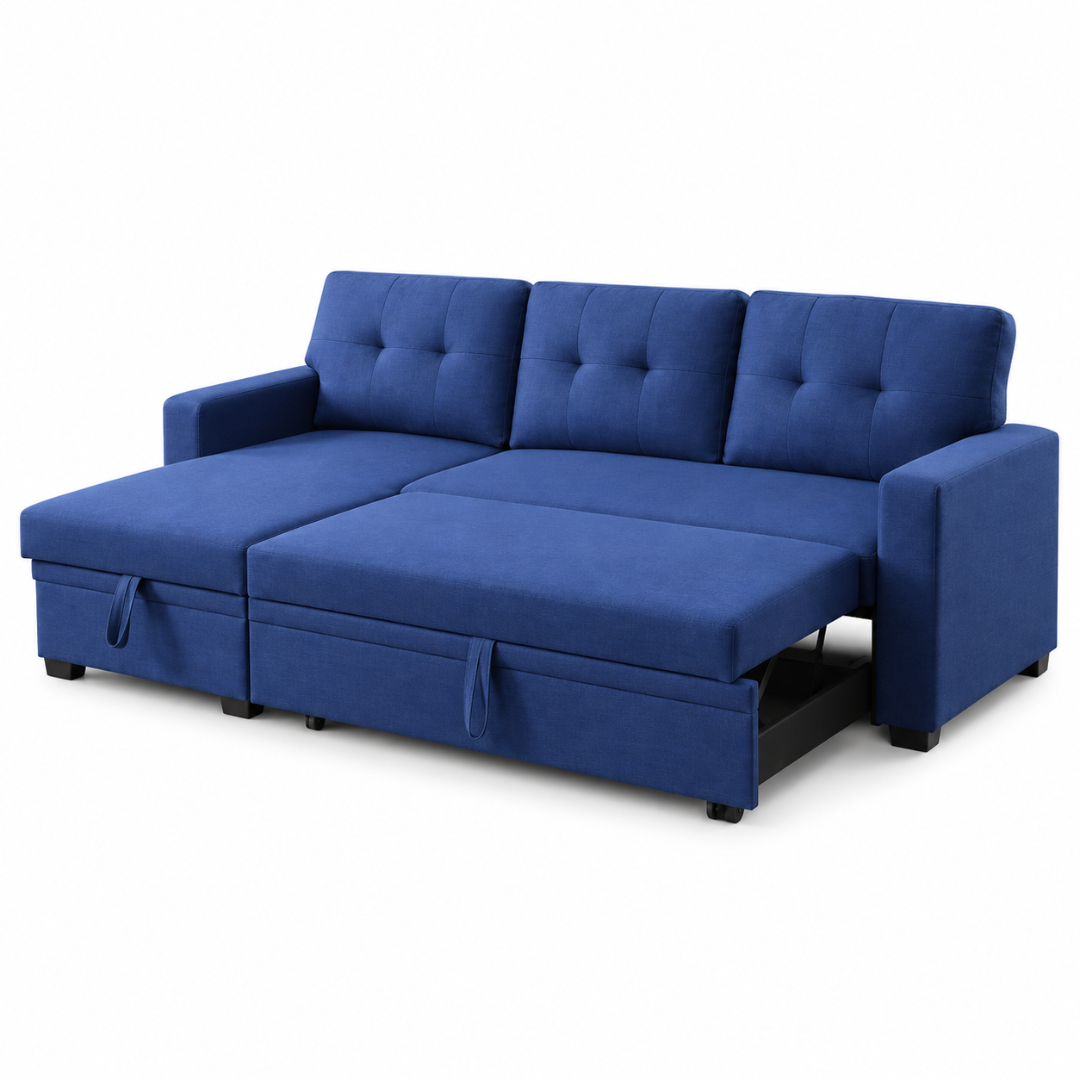Wooden Twist L-Shape Sleeper Sofa Cum Bed with Storage Chaise Blue – Angle View with Sleeper Pulled Out