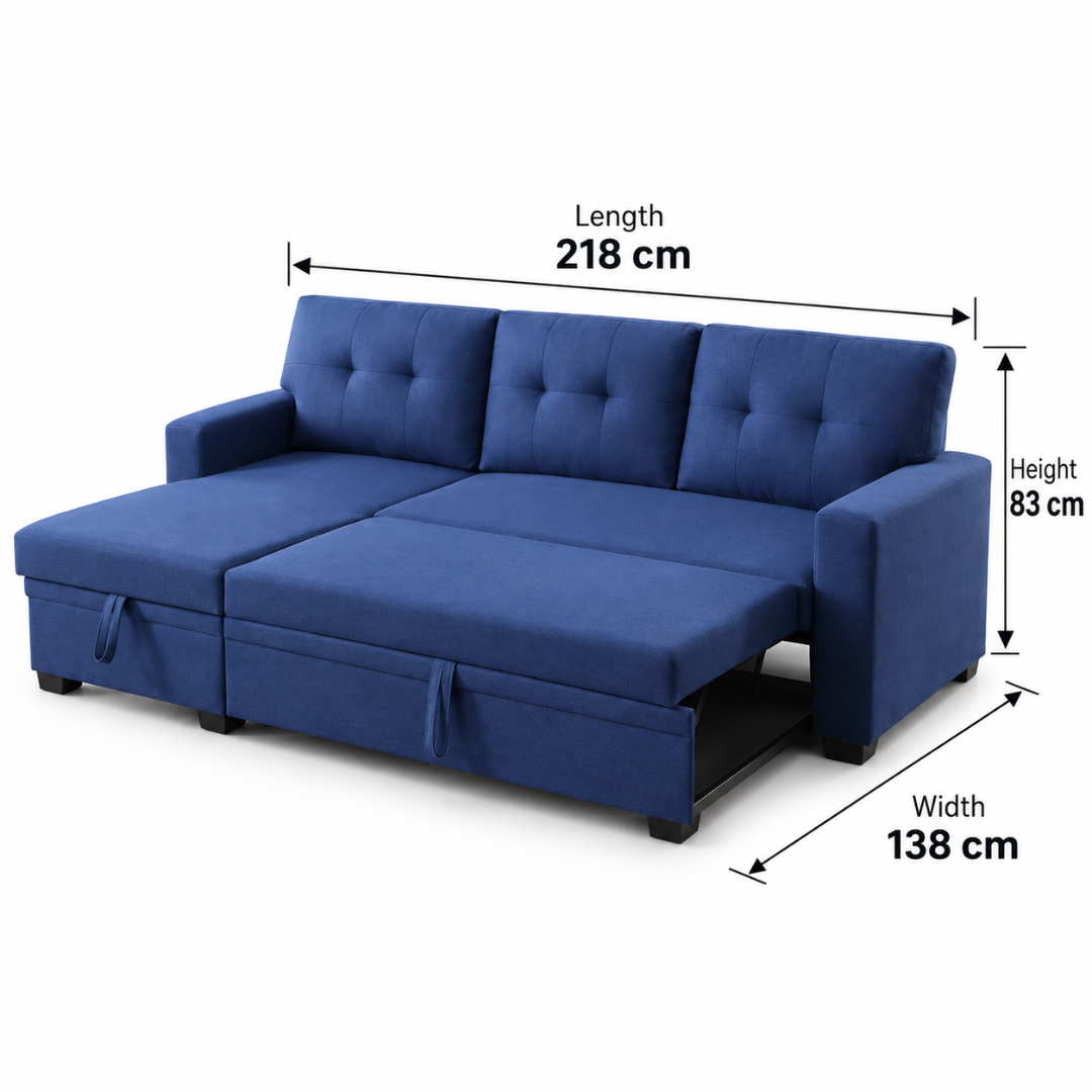 Wooden Twist L-Shape Sleeper Sofa Cum Bed with Storage Chaise Blue – Dimensions 218 x 138 x 83 cm