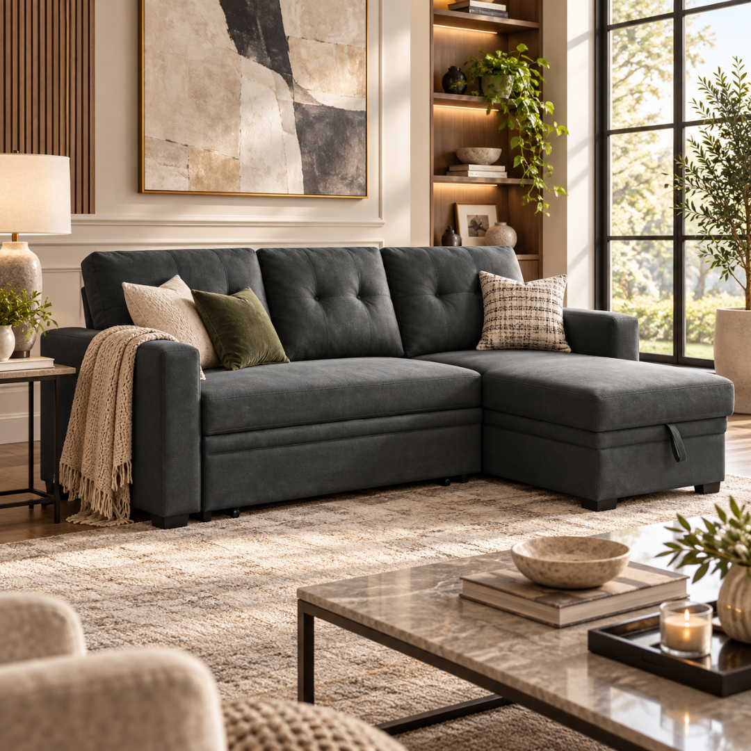 Wooden Twist L-Shape Sleeper Sofa Cum Bed with Storage Chaise Dark Gray – Living Room Setting