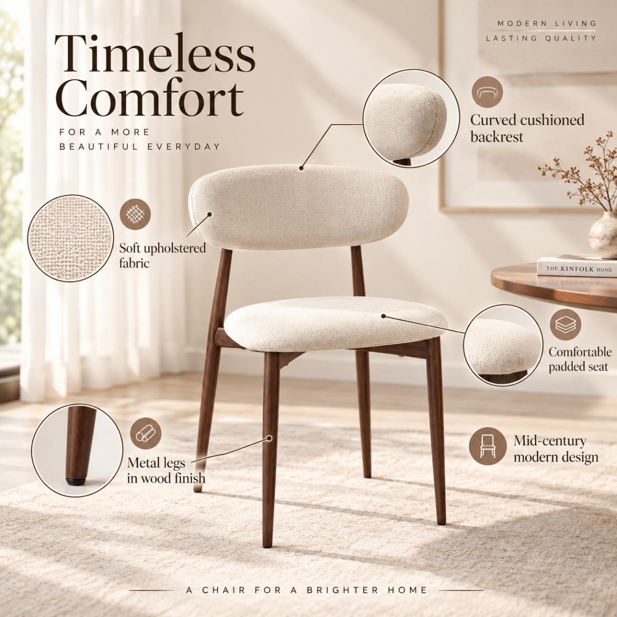 Wooden Twist Liora Luxe Curved Back Dining Chair feature callouts - curved cushioned backrest, soft upholstered fabric, comfortable padded seat, metal legs in wood finish