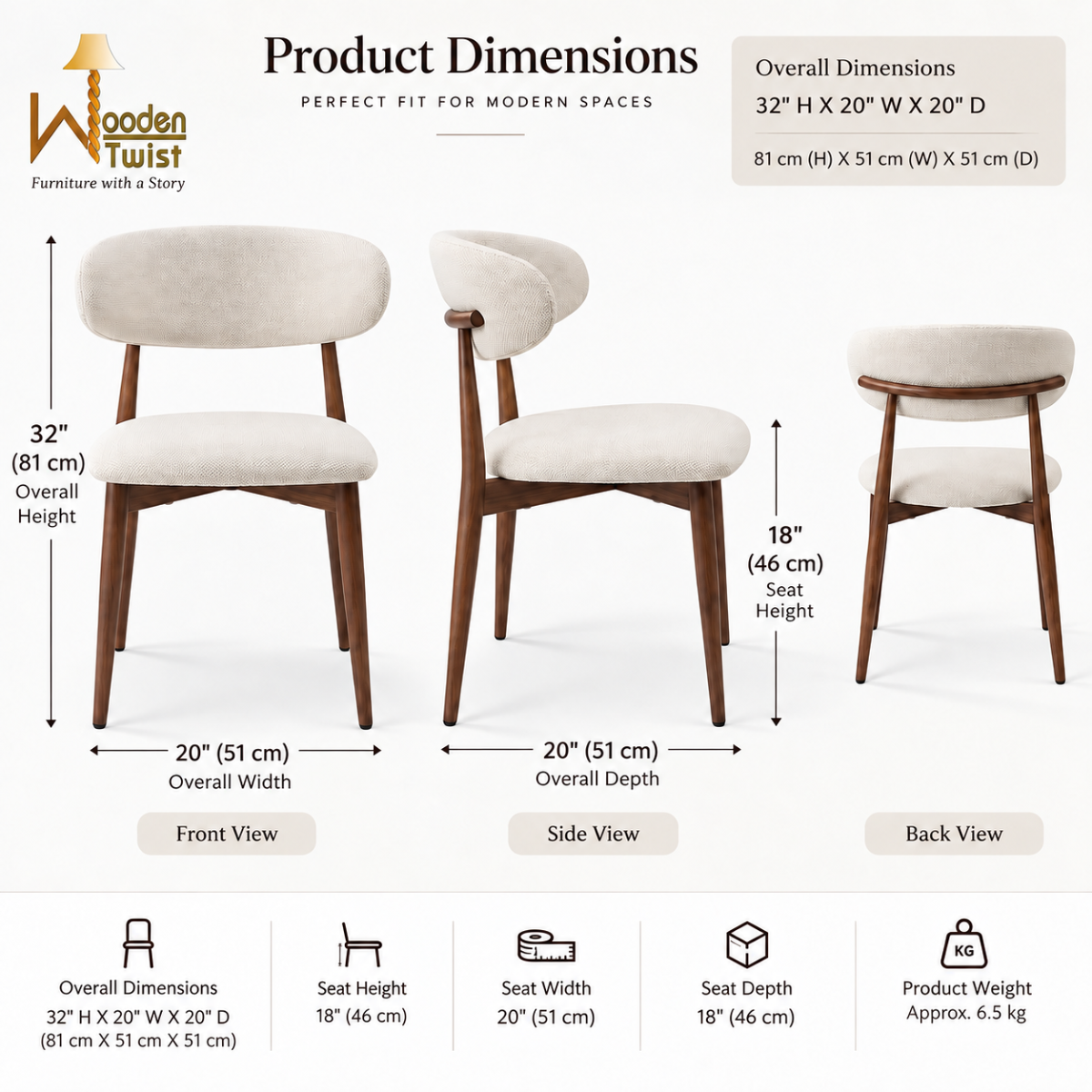Wooden Twist Liora Luxe Curved Back Dining Chair dimensions diagram - overall height, width, depth, seat height