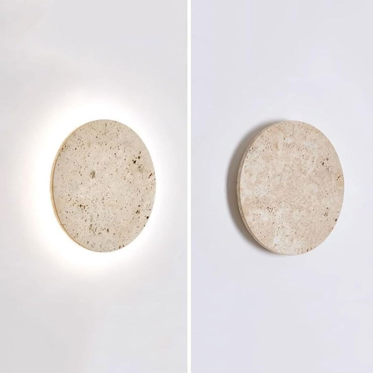Lunaro Travertine Round Wall Sconce - split view showing lit front and unlit side profile