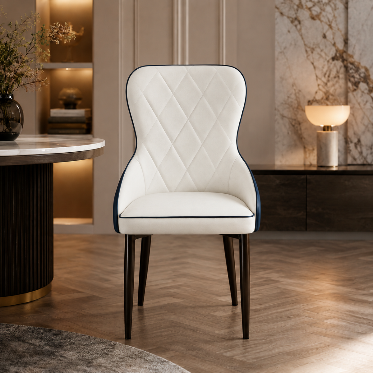 Wooden Twist Dual-Tone Diamond Quilted PU Leather Dining Chair with Ergonomic Curved Backrest