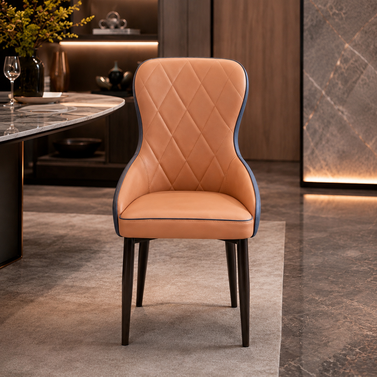 Wooden Twist Dual-Tone Diamond Quilted PU Leather Dining Chair with Ergonomic Curved Backrest