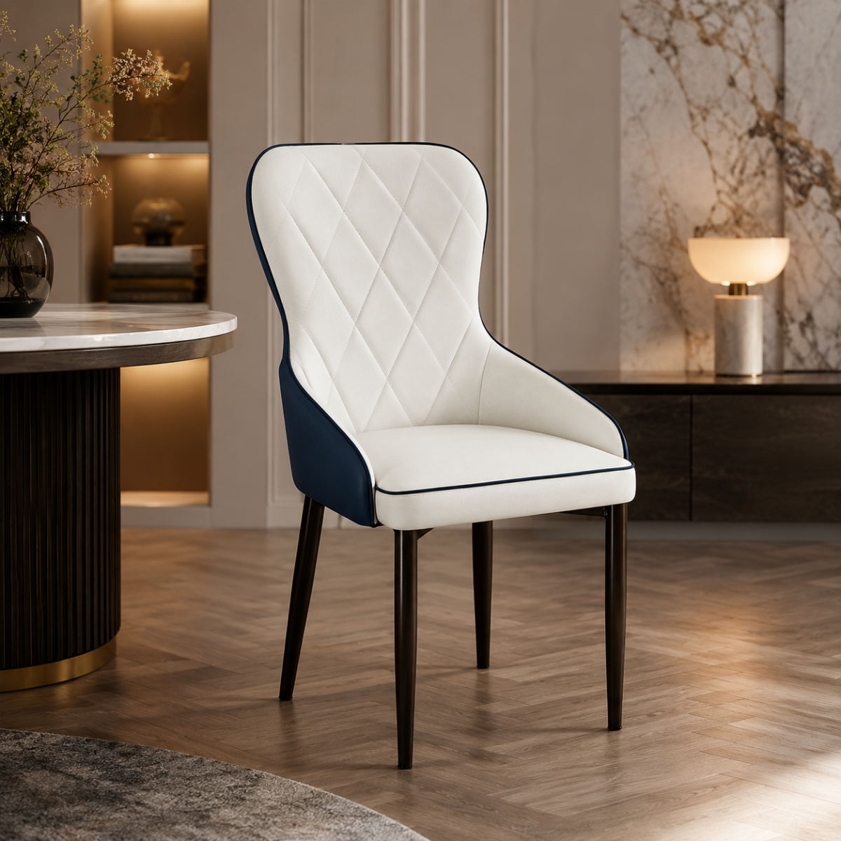 Wooden Twist Dual-Tone Diamond Quilted PU Leather Dining Chair with Ergonomic Curved Backrest
