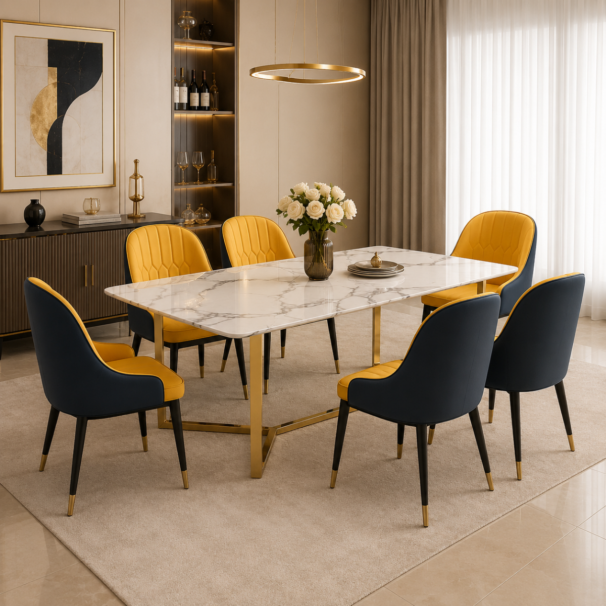 Wooden Twist 6 Seater Marble Dining Table Set with PU Leather Chairs | Gold Metal Base