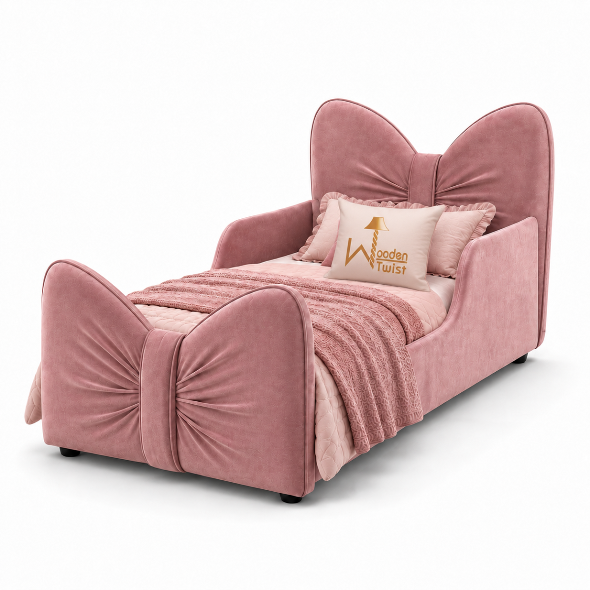 Wooden Twist Pink Bow-Shaped Kids Bed - white background angle view