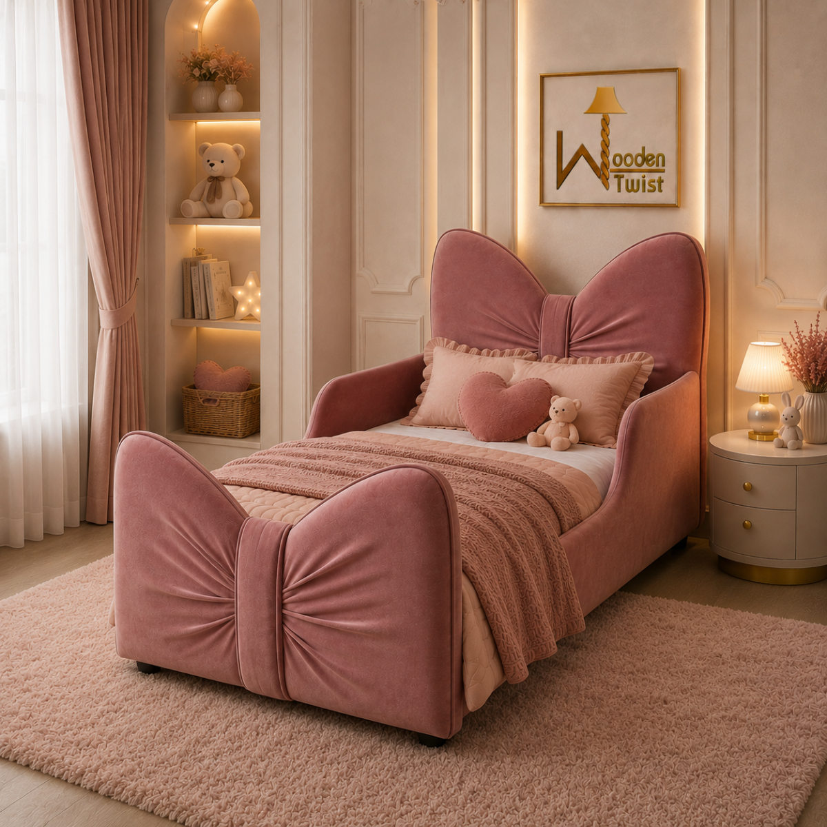 Wooden Twist Pink Bow-Shaped Kids Bed - lifestyle bedroom front alternate view