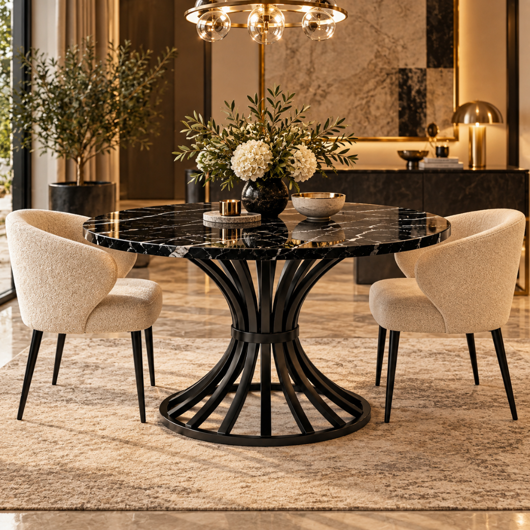 Noir round black marble dining table with two cream boucle chairs in a luxury dining room