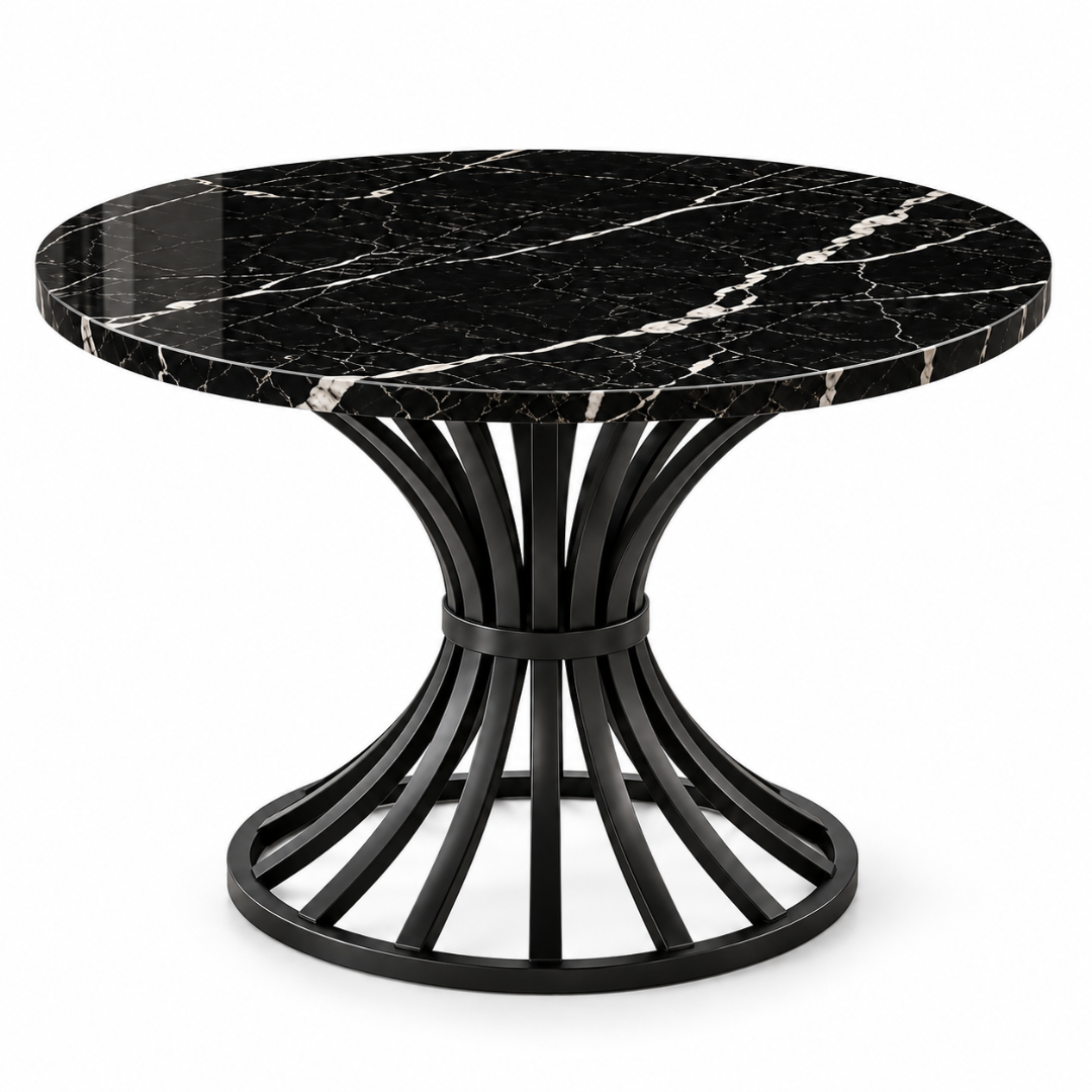 Noir round black marble dining table with black metal pedestal base on a white background