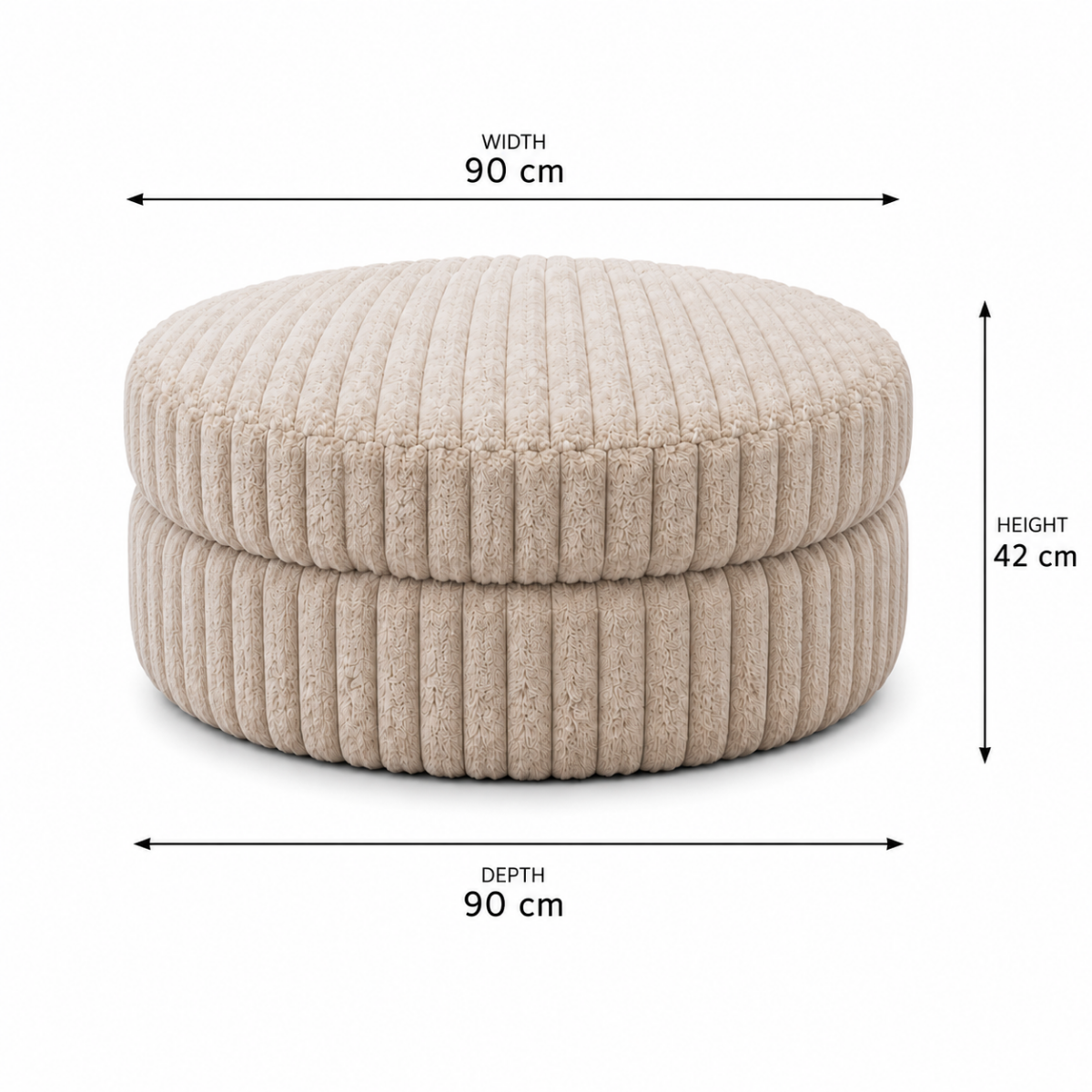 Beige ottoman with dimensions labeled on a white background