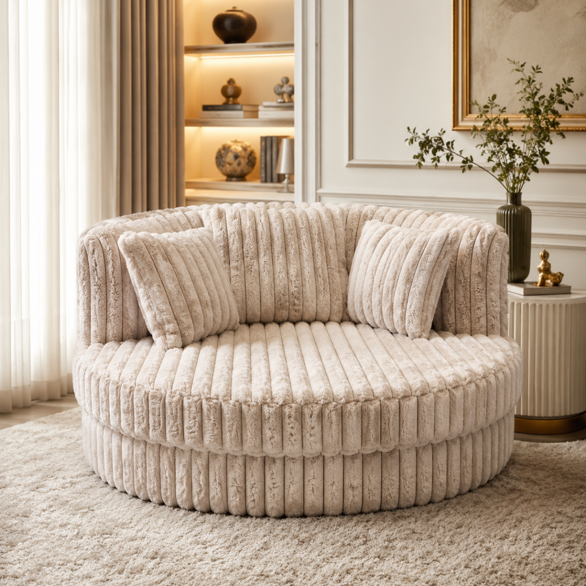 Wooden Twist Cozy Round Loveseat Sofa with Ribbed Corduroy Upholstery & 3 Cushions | Beige | 127 x 81 cm