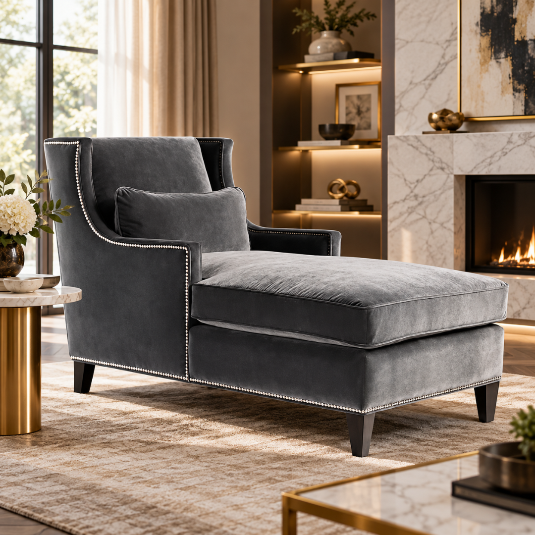 Wooden Twist Majestic Wingback Velvet Chaise Lounge Grey – Living Room Setting