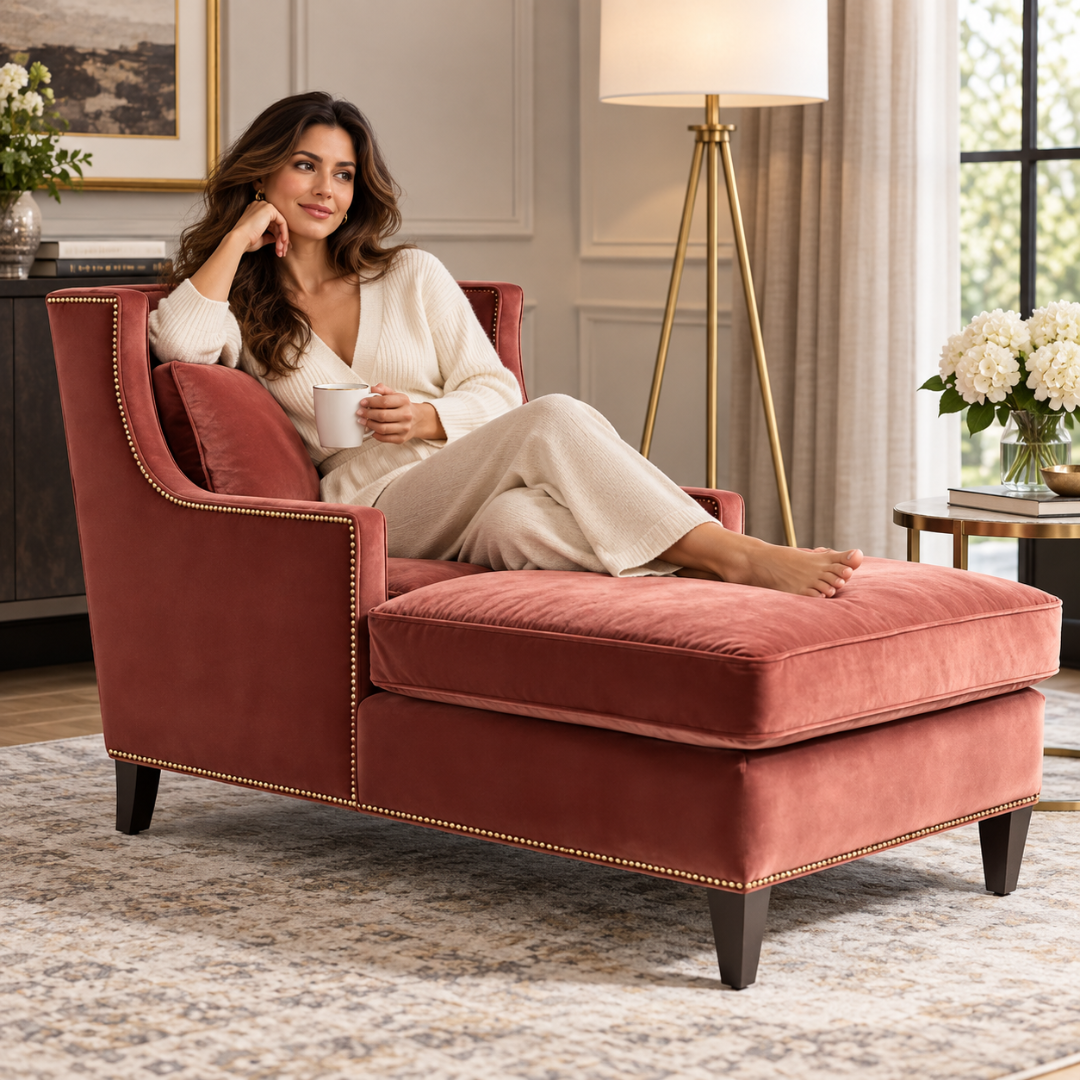 Wooden Twist Majestic Wingback Velvet Chaise Lounge Red – Woman Relaxing on Chaise